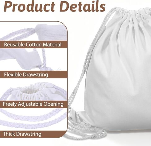 KALIONE Cotton Drawstring Bags, 1Pack Cotton Canvas Drawstring Backpack Bag, Cinch Sport Gym Sack for Women Men, White in Saudi Arabia