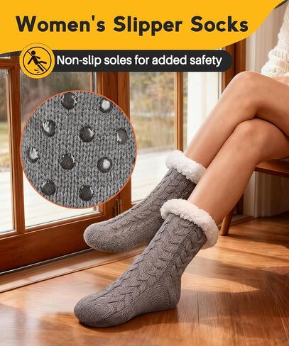 Slipper Socks for Women with Grippers Non Slip, Winter Thick Thermal Fuzzy Socks, Warm Cozy Fleece-Lined House Sock in Saudi Arabia