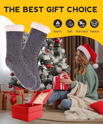 Slipper Socks for Women with Grippers Non Slip, Winter Thick Thermal Fuzzy Socks, Warm Cozy Fleece-Lined House Sock in Saudi Arabia
