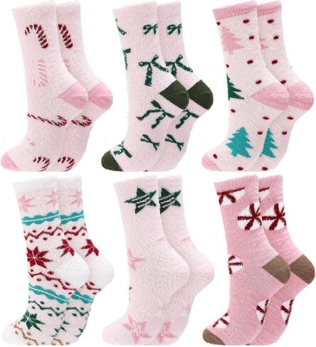 6 Pairs Christmas Fuzzy Socks for Women Winter Warm Fluffy Slipper Cozy Light Pink Sock for Xmas Holiday Sleeping in Saudi Arabia