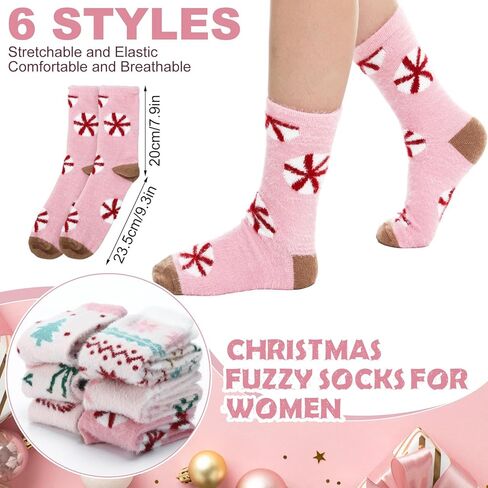 6 Pairs Christmas Fuzzy Socks for Women Winter Warm Fluffy Slipper Cozy Light Pink Sock for Xmas Holiday Sleeping in Saudi Arabia