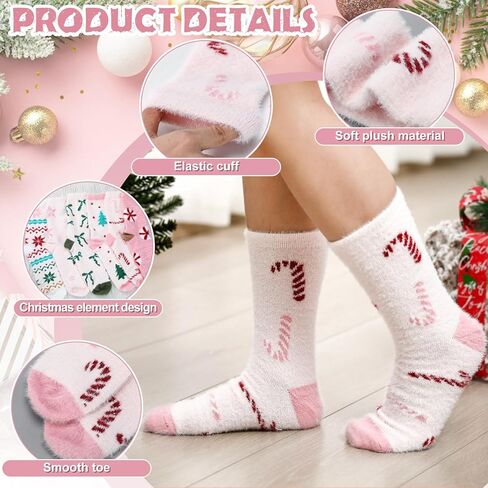 6 Pairs Christmas Fuzzy Socks for Women Winter Warm Fluffy Slipper Cozy Light Pink Sock for Xmas Holiday Sleeping in Saudi Arabia