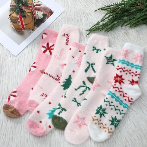 6 Pairs Christmas Fuzzy Socks for Women Winter Warm Fluffy Slipper Cozy Light Pink Sock for Xmas Holiday Sleeping in Saudi Arabia