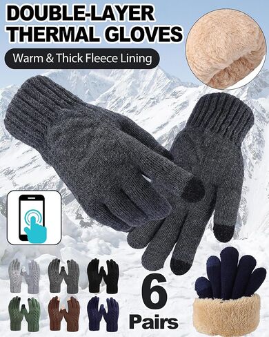 Shihanee 6 Pairs Winter Lined Fleece Gloves for Men Warm Thick Knit Gloves with Touchscreen Fingers for Cold Weather Driving Hiking Thermal Supplies in Saudi Arabia