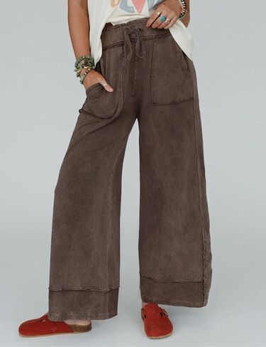 Athlisan Womens Casual Wide Leg Sweatpants Acid Wash Elastic Waisted Palazzo Pants Trousers with Pockets in Saudi Arabia