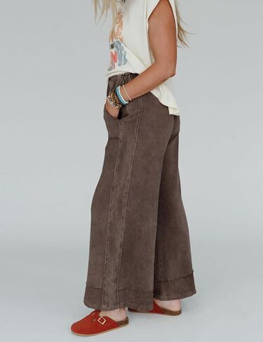 Athlisan Womens Casual Wide Leg Sweatpants Acid Wash Elastic Waisted Palazzo Pants Trousers with Pockets in Saudi Arabia