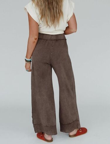Athlisan Womens Casual Wide Leg Sweatpants Acid Wash Elastic Waisted Palazzo Pants Trousers with Pockets in Saudi Arabia