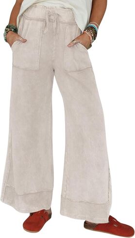 Athlisan Womens Casual Wide Leg Sweatpants Acid Wash Elastic Waisted Palazzo Pants Trousers with Pockets in Saudi Arabia