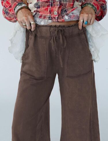 Athlisan Womens Casual Wide Leg Sweatpants Acid Wash Elastic Waisted Palazzo Pants Trousers with Pockets in Saudi Arabia