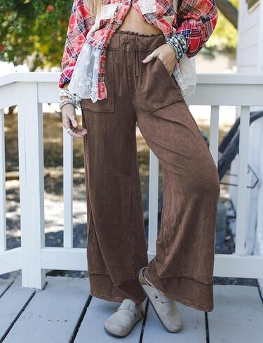Athlisan Womens Casual Wide Leg Sweatpants Acid Wash Elastic Waisted Palazzo Pants Trousers with Pockets in Saudi Arabia