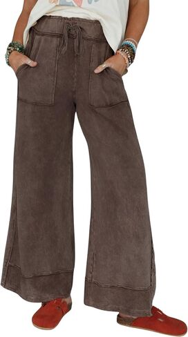 Athlisan Womens Casual Wide Leg Sweatpants Acid Wash Elastic Waisted Palazzo Pants Trousers with Pockets in Saudi Arabia