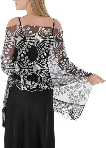 Women Evening Shawls and Wraps, Dressy Chiffon Lace Shawl for Formal Events, Elegantr Sequin Peacock Pattern in Saudi Arabia