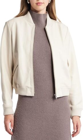 Women's Cream Leather Bomber Jacket – Classic Zip-Up Lightweight Moto Coat with Ribbed Cuffs & Hem – Stylish Casual Outerwear in Saudi Arabia