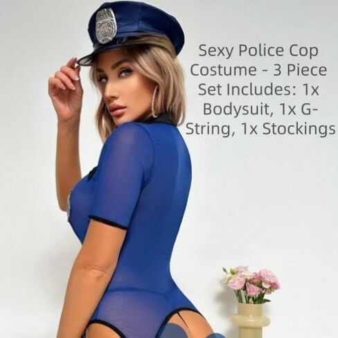 زي شرطي مثير للنساء مكون من 3 قطع، بدلة للجسم على شكل حرف G وجوارب ملابس داخلية موحدة لعيد الحب in Kuwait