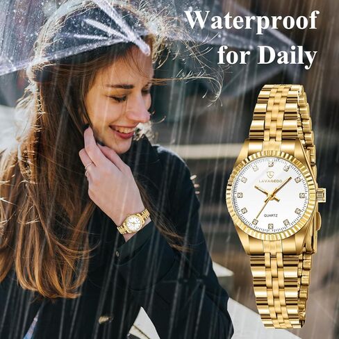 طقم ساعات ذهبية للنساء، سوار مطلي بالذهب عيار 18 قيراط للنساء، ساعة تناظرية مقاومة للماء معصم للسيدات مع مضيئة، هدايا عيد الحب للنساء in Kuwait