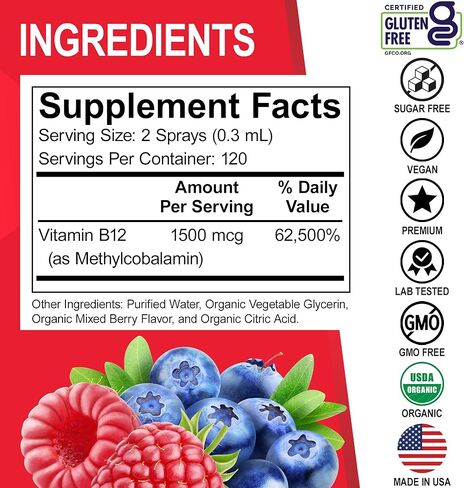 Vitamin B12 Liquid Spray Drops - Organic Liquid B12 Vitamins for Women, Men, Kids & Energy, Vegan Sublingual Methyl B 12 Spray Supplement - Organic Pure Methylcobalamin Vit B 12 Drops Vitamins 1 Fl Oz in Saudi Arabia