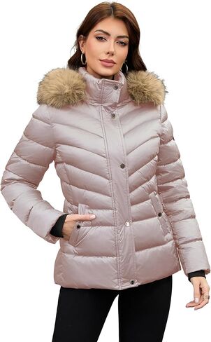 PAPILLON D'OR WEAR YOUR WINGS Women's Shiny Puffer Coat with Detachable Faux Fur Collar & Hood Winter Jacket in Saudi Arabia