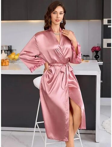 Women Long Sleeve Kimono Robe Nightwear, Pure Color Sleepwear Soft Silky Style Dressing Gown Relaxed Fit Lounge Wear Belted in Saudi Arabia