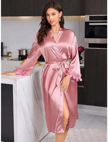 Women Long Sleeve Kimono Robe Nightwear, Pure Color Sleepwear Soft Silky Style Dressing Gown Relaxed Fit Lounge Wear Belted in Saudi Arabia