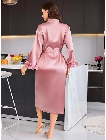 Women Long Sleeve Kimono Robe Nightwear, Pure Color Sleepwear Soft Silky Style Dressing Gown Relaxed Fit Lounge Wear Belted in Saudi Arabia