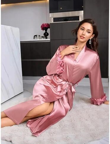 Women Long Sleeve Kimono Robe Nightwear, Pure Color Sleepwear Soft Silky Style Dressing Gown Relaxed Fit Lounge Wear Belted in Saudi Arabia
