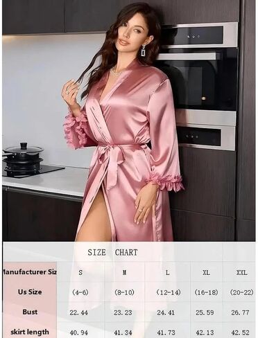 Women Long Sleeve Kimono Robe Nightwear, Pure Color Sleepwear Soft Silky Style Dressing Gown Relaxed Fit Lounge Wear Belted in Saudi Arabia