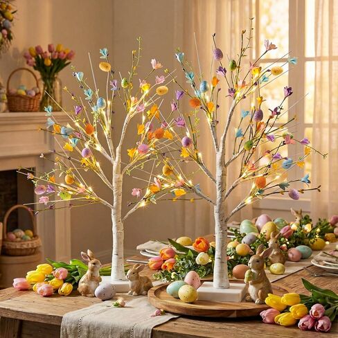 Baquler 2 PC Valentines Day LED Lighted Birch Trees with Heart Shaped Berry Picks Lighted Artificial Light up Pre Lit Tabletop Tree 24 Inch Valentines Day Decoration for Home Indoor Home Table in Saudi Arabia