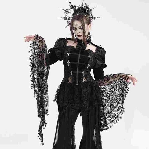 Women's Bell Sleeve Blouse Halter Neck Lace Long Cuff Tailcoat Black Gothic Top Women Victorian T-Shirt in Saudi Arabia