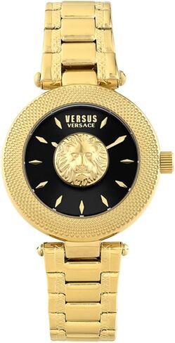 ساعة Versus Versace Brick Lane Lion Collection الفاخرة للنساء مع سوار ذهبي وحقيبة تتميز بمينا أسود in Saudi Arabia