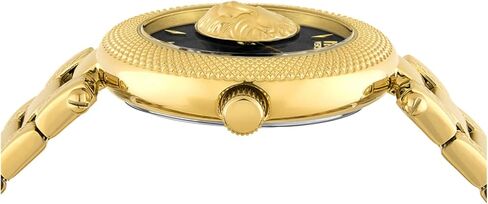 ساعة Versus Versace Brick Lane Lion Collection الفاخرة للنساء مع سوار ذهبي وحقيبة تتميز بمينا أسود in Saudi Arabia