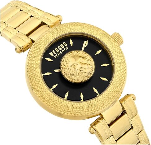ساعة Versus Versace Brick Lane Lion Collection الفاخرة للنساء مع سوار ذهبي وحقيبة تتميز بمينا أسود in Saudi Arabia