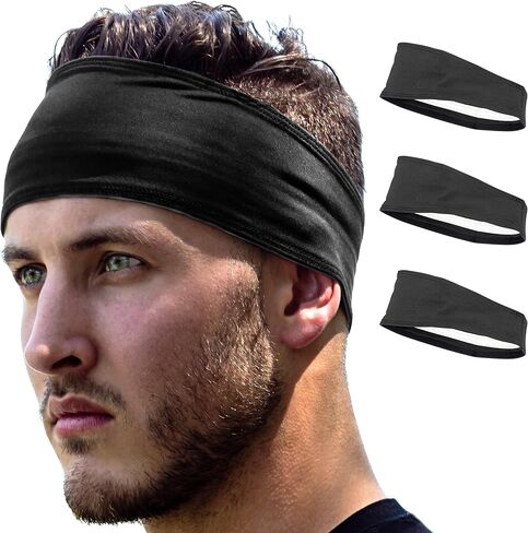 Running Headbands for Men, Women, Athletic Moisture Wicking Sports Headband, Sweatbands for Basketball, Yoga, Exercise, Workout, Quick Drying and Non-Slip Workout Stretchy Hairband Black 3-Piece Set in Saudi Arabia