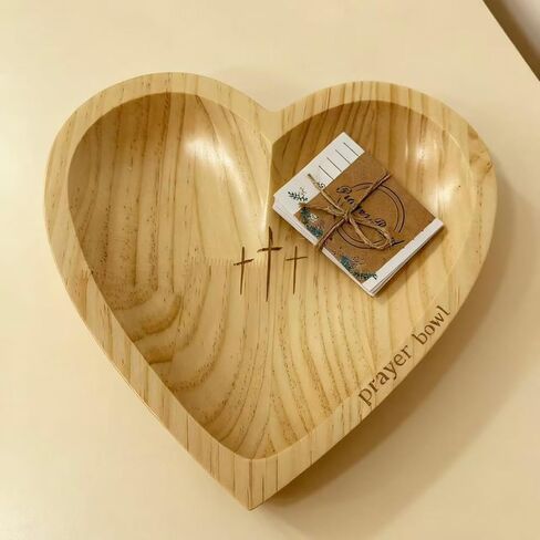 Heart Prayer Bowl with 24 Cards - Christian Heart Shaped Wooden Dough Bowl for Baptism, Handcrafted Religious Gift for Thanksgiving/Christmas/Wedding/Easter, Home Decor Accessory in Saudi Arabia