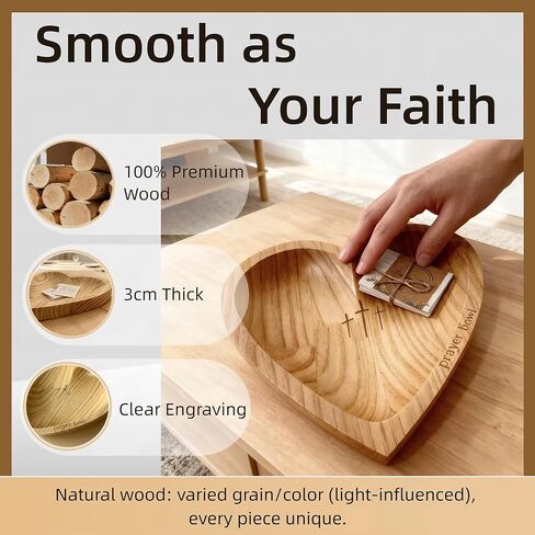 Heart Prayer Bowl with 24 Cards - Christian Heart Shaped Wooden Dough Bowl for Baptism, Handcrafted Religious Gift for Thanksgiving/Christmas/Wedding/Easter, Home Decor Accessory in Saudi Arabia