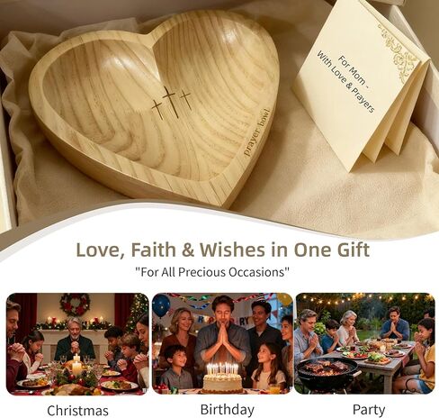 Heart Prayer Bowl with 24 Cards - Christian Heart Shaped Wooden Dough Bowl for Baptism, Handcrafted Religious Gift for Thanksgiving/Christmas/Wedding/Easter, Home Decor Accessory in Saudi Arabia
