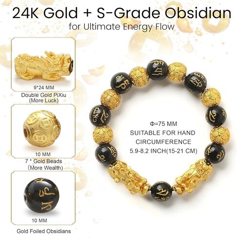 سوار KINLNGEE مزدوج مطلي بالذهب عيار 24 قيراط Pixiu Feng Shui Obsidian، سحر الثروة المحظوظ وحماية التنين للرجال/النساء، أساور خرز الصلاة مانترا، هدية تميمة واقية، هدايا مجوهرات (10 مم) in Saudi Arabia
