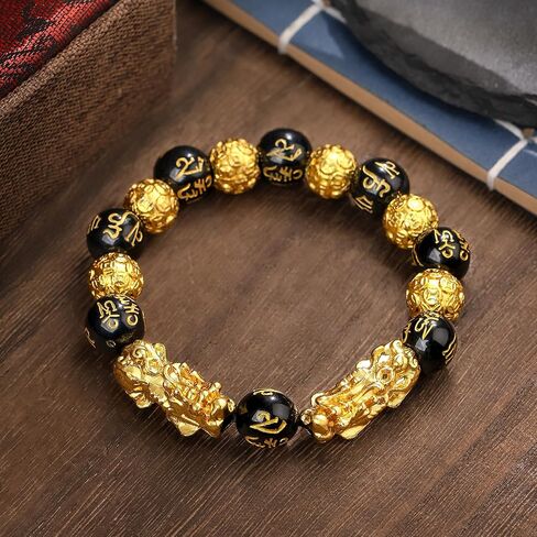 سوار KINLNGEE مزدوج مطلي بالذهب عيار 24 قيراط Pixiu Feng Shui Obsidian، سحر الثروة المحظوظ وحماية التنين للرجال/النساء، أساور خرز الصلاة مانترا، هدية تميمة واقية، هدايا مجوهرات (10 مم) in Saudi Arabia