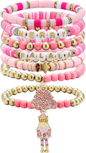 7 Pack Christmas Nutcracker Pink Bracelets Stackable Beaded Stretch Bracelets Jewelry for Girls Women Teens Christmas Birthday Gift in Saudi Arabia