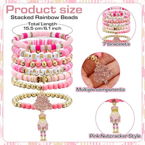 7 Pack Christmas Nutcracker Pink Bracelets Stackable Beaded Stretch Bracelets Jewelry for Girls Women Teens Christmas Birthday Gift in Saudi Arabia