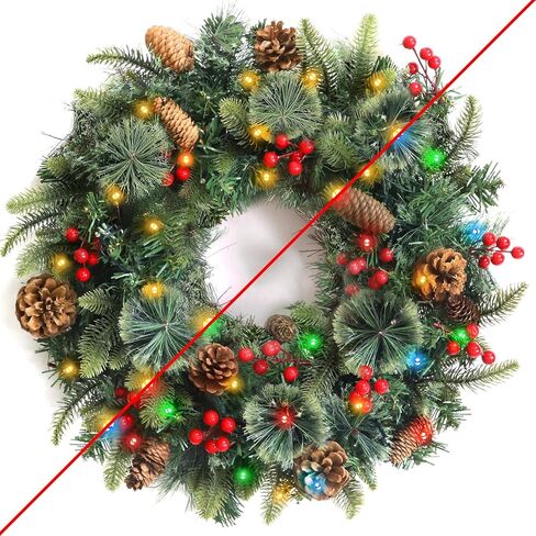 20 Inch Christmas Wreaths for Front Door, Prelit Christmas Wreath with Pinecones Berried Red Bow 50 Warm White & Colorful Lights 8 Modes Timer Norfolk Pine Wreath Xmas Wreath Decorations for Door Wall in Kuwait