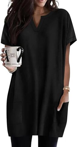 Rapbin Womens Tunics or Tops to Wear with Leggings Short Sleeve V Neck Long T-Shirts with Pockets Spring Shirts in Saudi Arabia