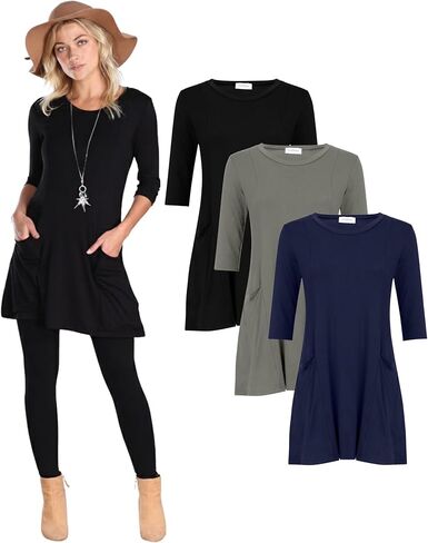 Popana 3 Pack Women’s 3/4 Sleeve Tunic Top – Scoop Neck Long Tunic Shirts to Wear with Leggings with Pockets in Kuwait