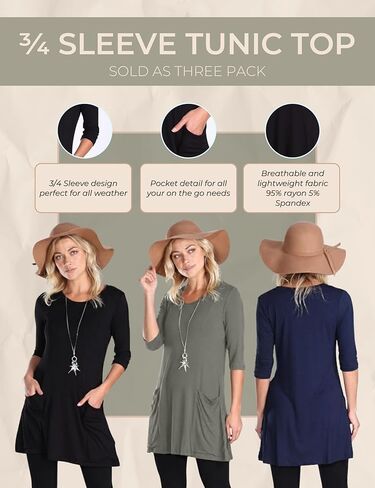 Popana 3 Pack Women’s 3/4 Sleeve Tunic Top – Scoop Neck Long Tunic Shirts to Wear with Leggings with Pockets in Kuwait