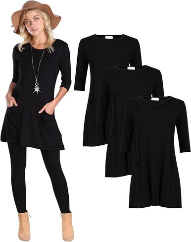 Popana 3 Pack Women’s 3/4 Sleeve Tunic Top – Scoop Neck Long Tunic Shirts to Wear with Leggings with Pockets in Kuwait