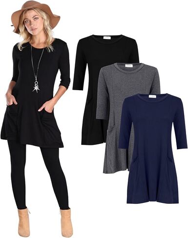 Popana 3 Pack Women’s 3/4 Sleeve Tunic Top – Scoop Neck Long Tunic Shirts to Wear with Leggings with Pockets in Kuwait