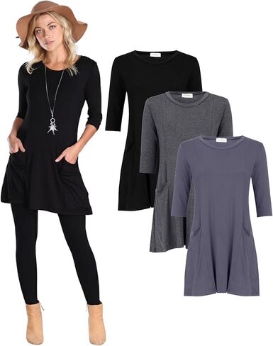 Popana 3 Pack Women’s 3/4 Sleeve Tunic Top – Scoop Neck Long Tunic Shirts to Wear with Leggings with Pockets in Kuwait