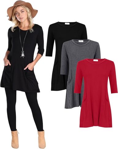 Popana 3 Pack Women’s 3/4 Sleeve Tunic Top – Scoop Neck Long Tunic Shirts to Wear with Leggings with Pockets in Kuwait
