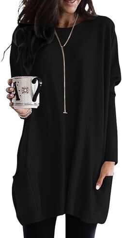 Poetsky Fall Womens Tunic or Tops to Wear with Leggings Long Sleeve Casual Long Shirts Blouses with Pockets in Saudi Arabia