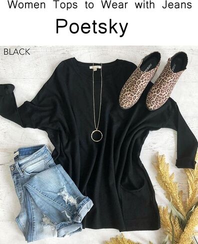 Poetsky Fall Womens Tunic or Tops to Wear with Leggings Long Sleeve Casual Long Shirts Blouses with Pockets in Saudi Arabia