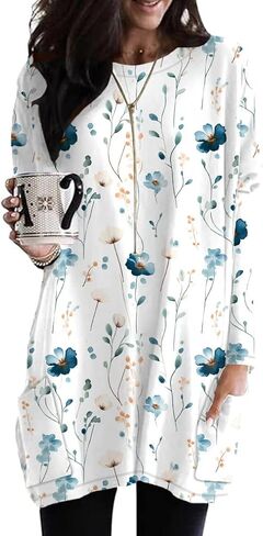 Poetsky Fall Womens Tunic or Tops to Wear with Leggings Long Sleeve Casual Long Shirts Blouses with Pockets in Saudi Arabia